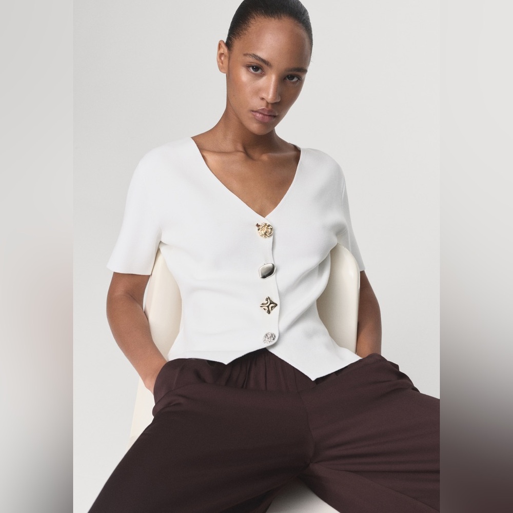 Mango White V-Neck Short Sleeve Button Down Top with Decorative Buttons